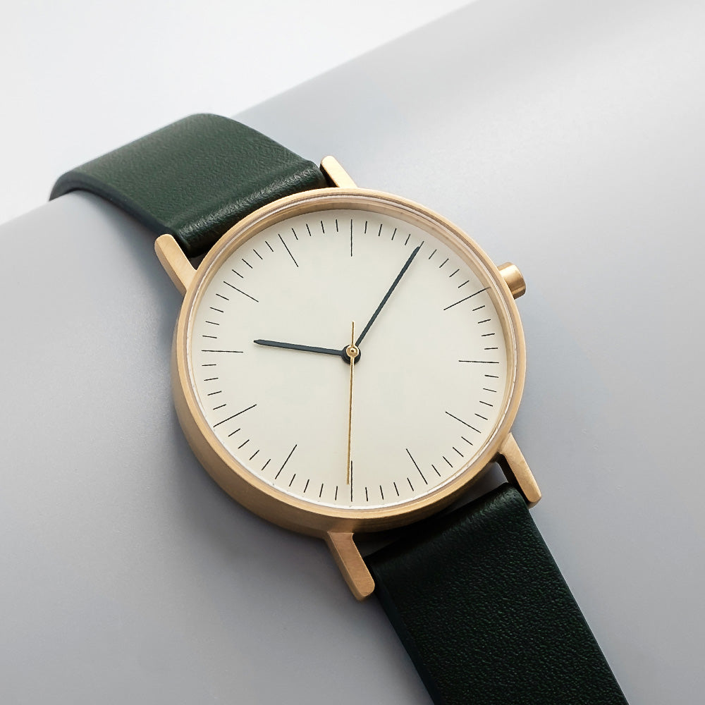 B001 Watch, Gold Case, Off White Dial, Leather Strap - Green