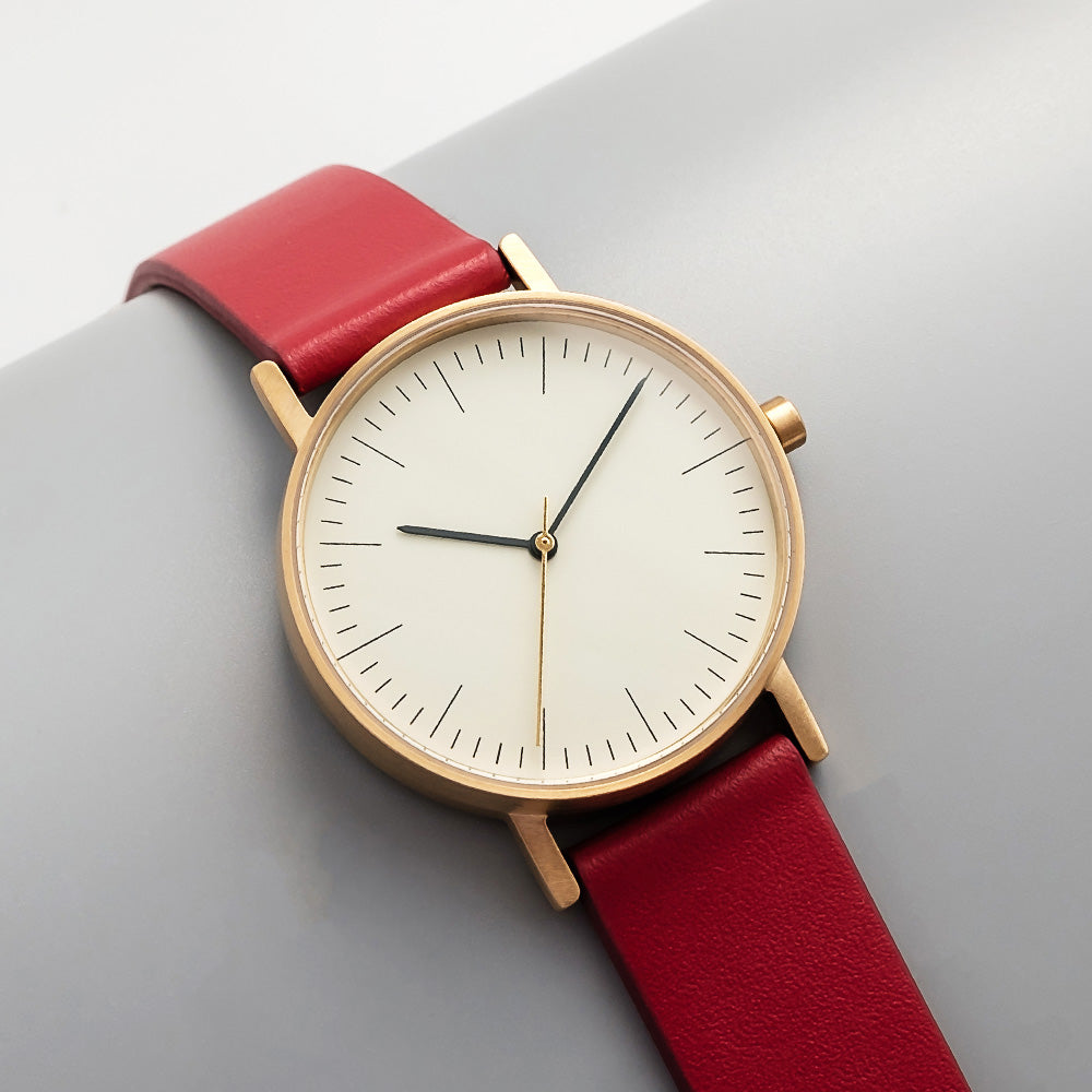 B001 Watch, Gold Case, Off White Dial, Leather Strap - Red