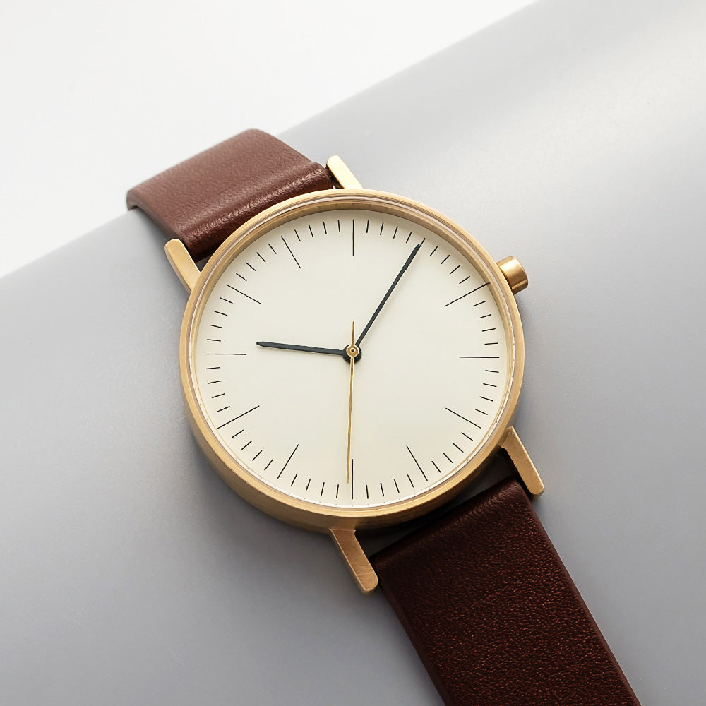 B001 Watch, Gold Case, Off White Dial, Leather Strap - Coffee