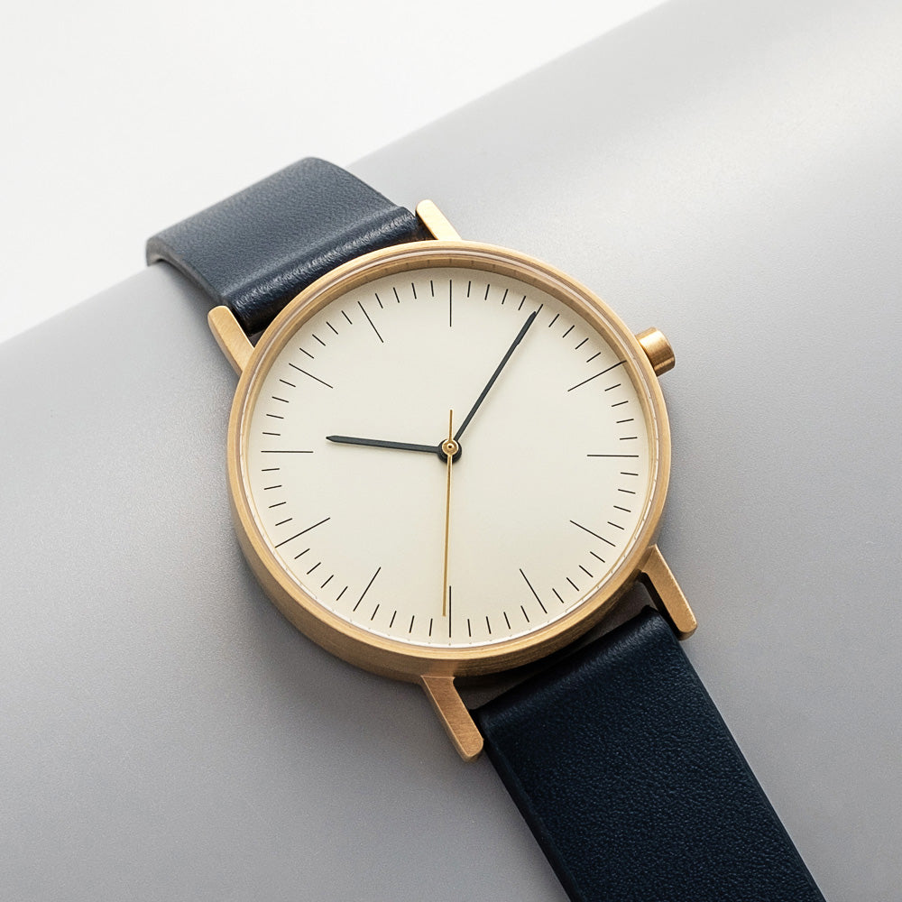 B001 Watch, Gold Case, Off White Dial, Leather Strap - Navy - BIJOUONE