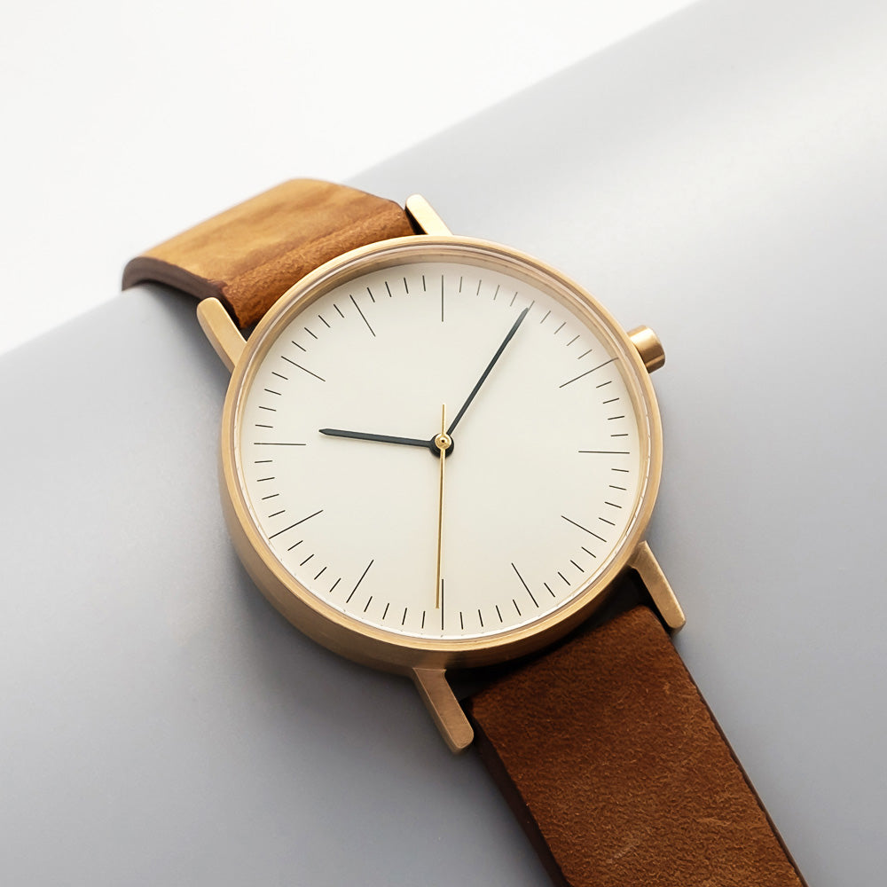 B001 Watch, Gold Case, Off White Dial, Leather Strap - Brown Suede