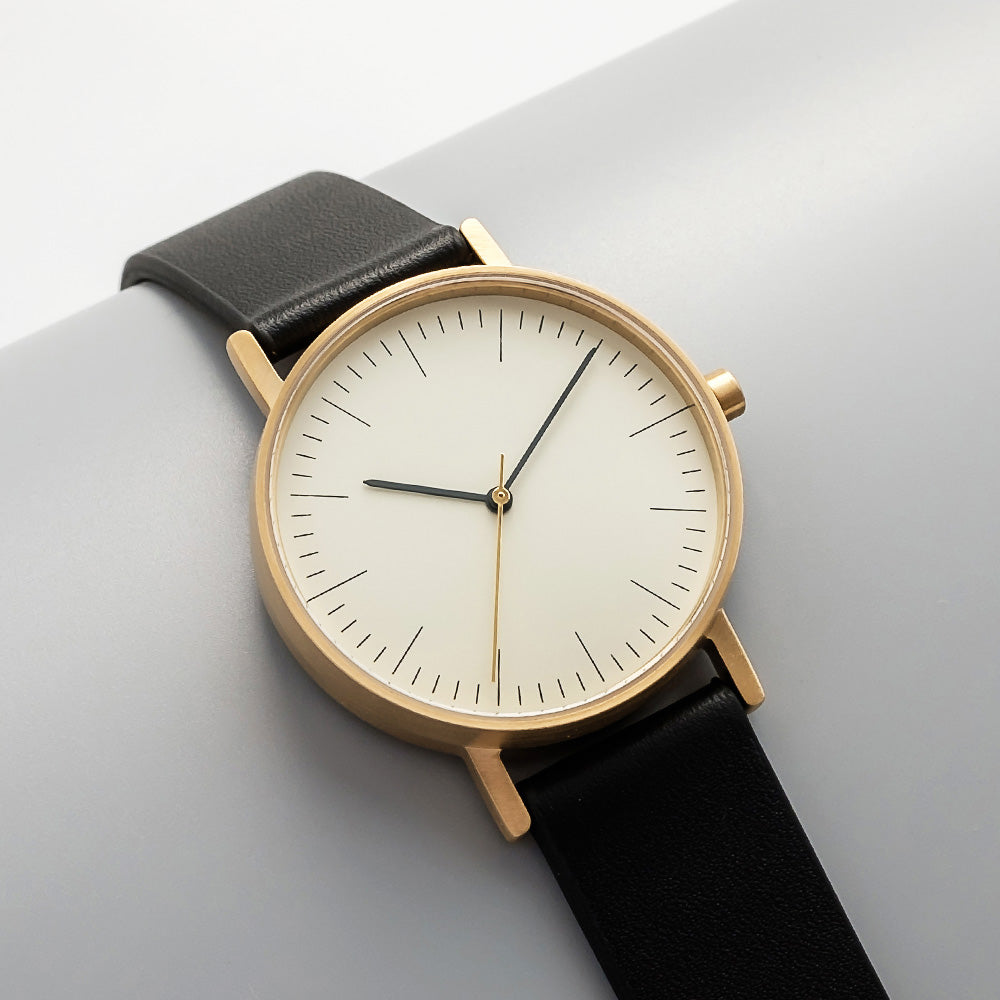 BIJOUONE B001 Watch, Gold Case, Off White Dial, Leather Strap - Black
