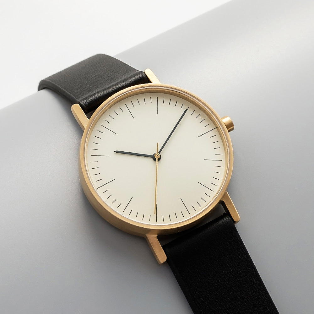 B001 Watch, Gold Case, Off White Dial, Leather Strap - Black - BIJOUONE