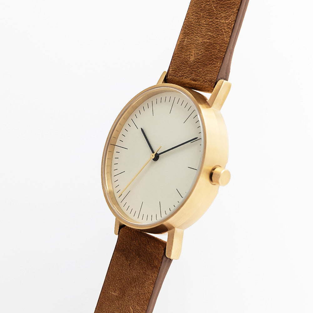 B001 Watch, Gold Case, Off White Dial, Leather Strap - Brown Suede