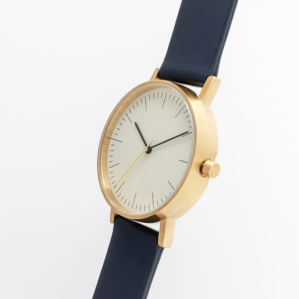 B001 Watch, Gold Case, Off White Dial, Leather Strap - Navy