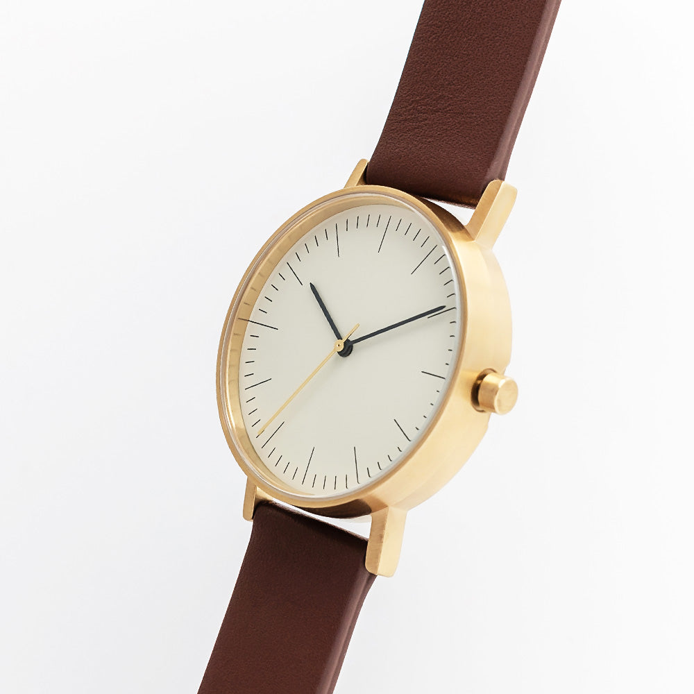 B001 Watch, Gold Case, Off White Dial, Leather Strap - Coffee