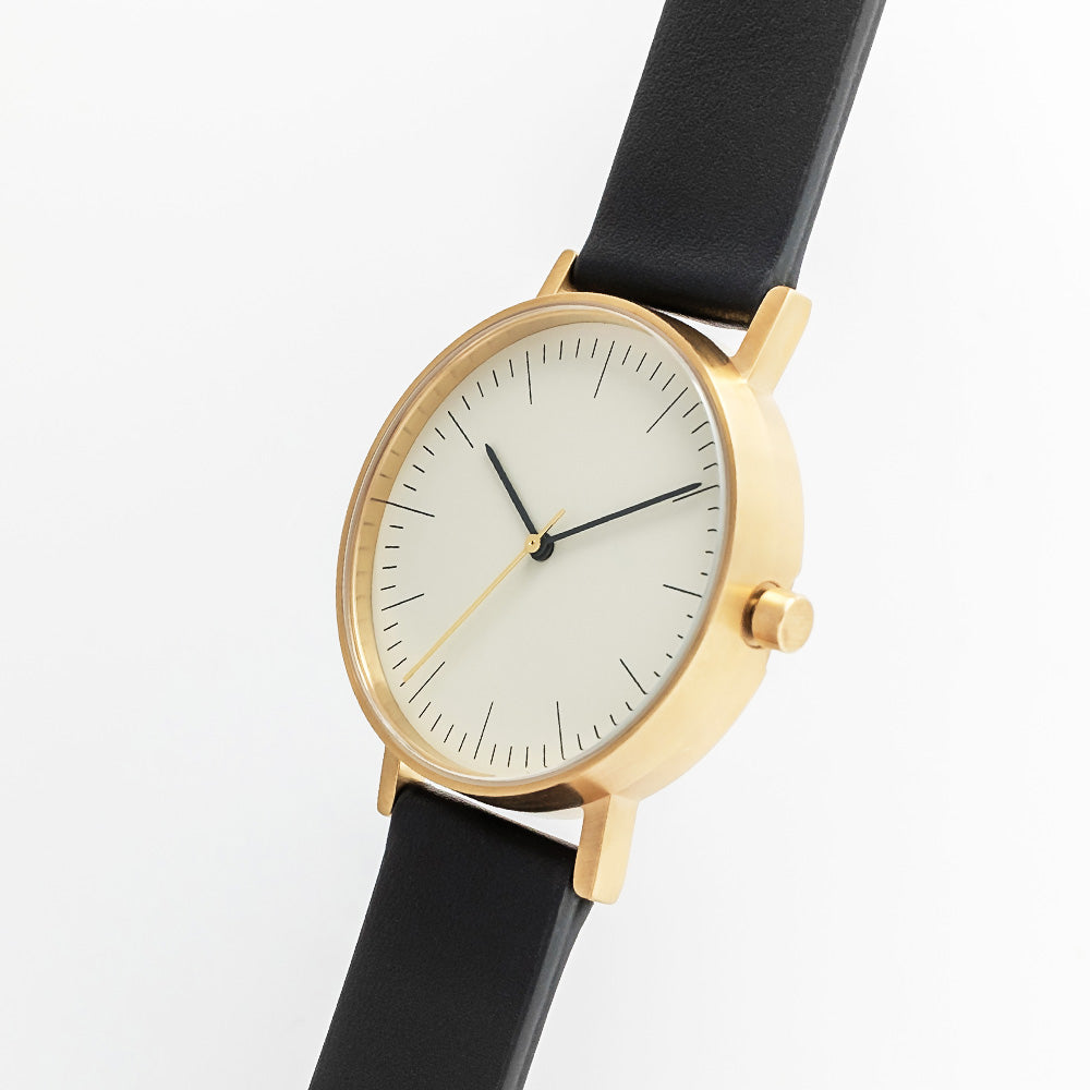 B001 Watch, Gold Case, Off White Dial, Leather Strap - Black