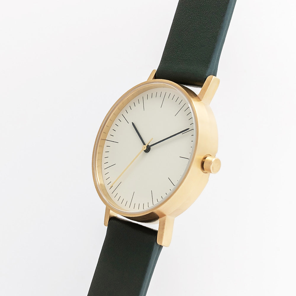 B001 Watch, Gold Case, Off White Dial, Leather Strap - Green