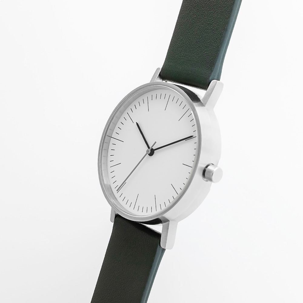 B001 Watch, Silver Case, White Dial, Leather Strap - Green