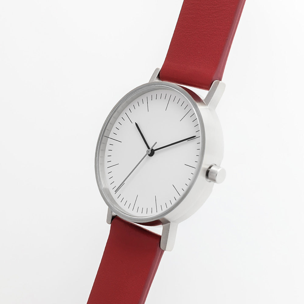 B001 Watch, Silver Case, White Dial, Leather Strap - Red