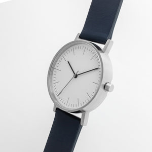 B001 Watch, Silver Case, White Dial, Leather Strap - Navy - BIJOUONE