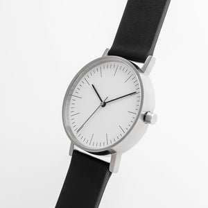 B001 Watch, Silver Case, White Dial, Leather Strap - Black - BIJOUONE