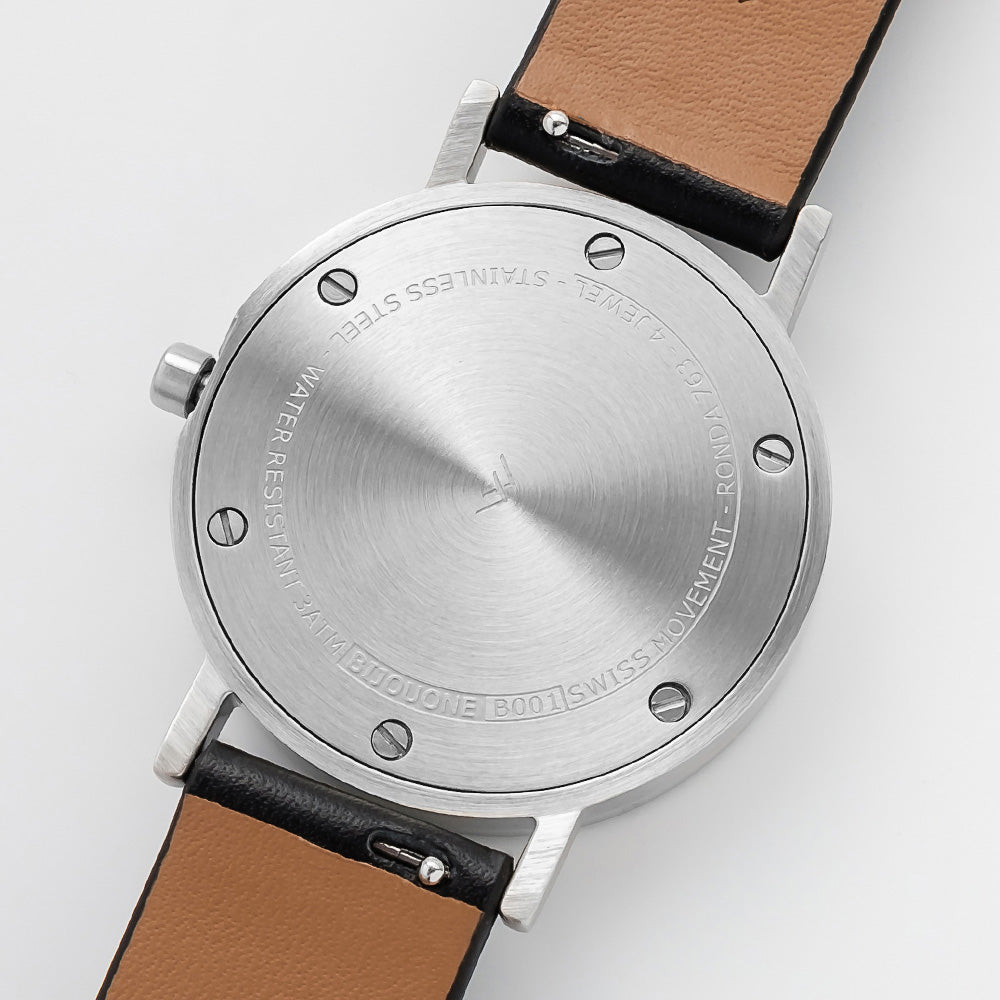 B001 Watch, Silver Case, White Dial, Leather Strap - Black