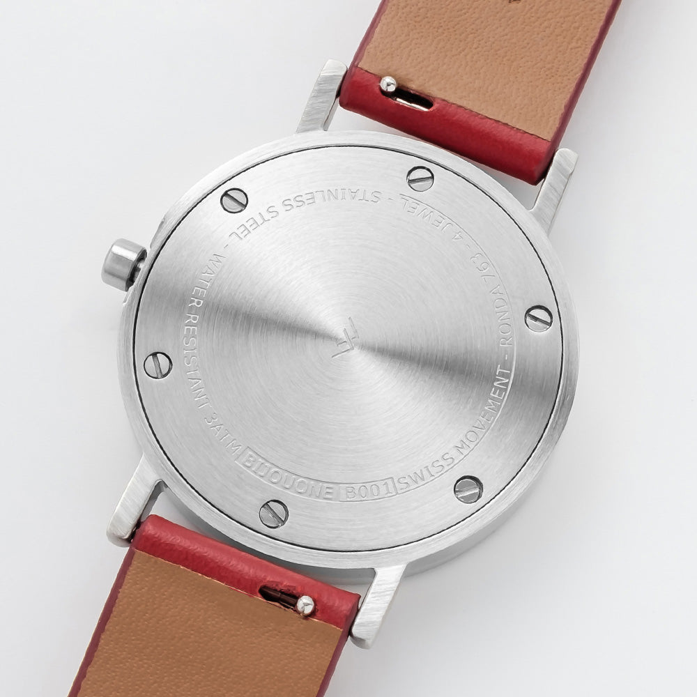 B001 Watch, Silver Case, White Dial, Leather Strap - Red