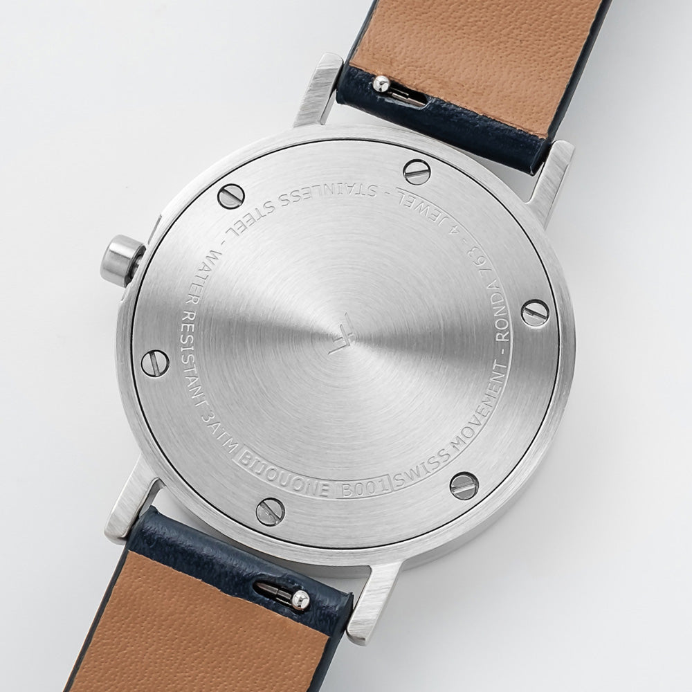 B001 Watch, Silver Case, White Dial, Leather Strap - Navy
