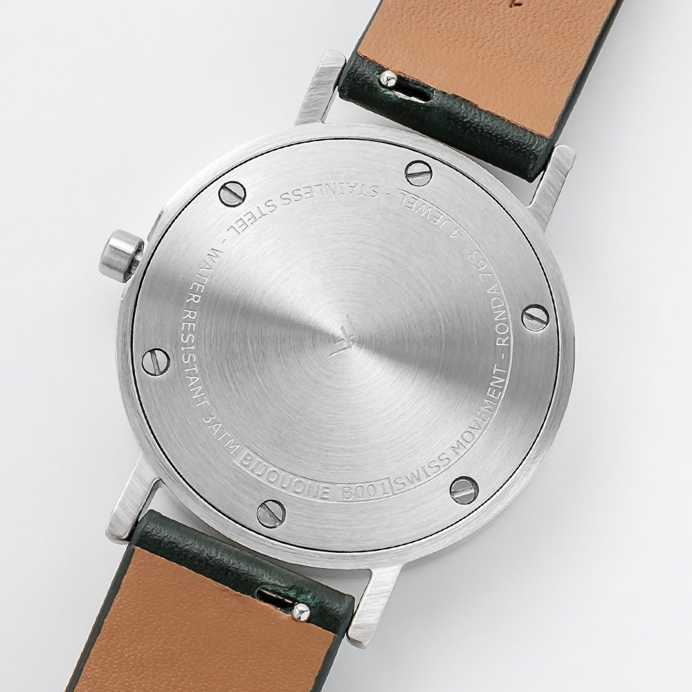 B001 Watch, Silver Case, White Dial, Leather Strap - Green