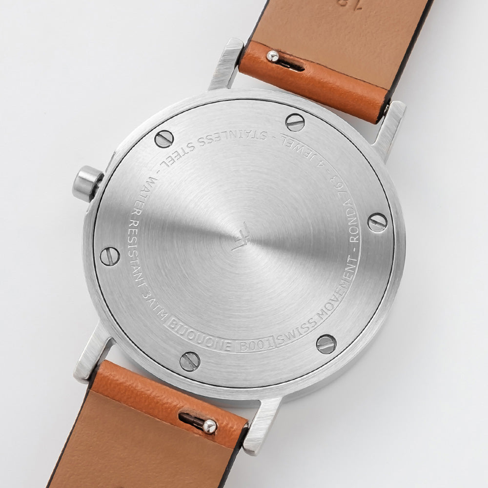B001 Watch, Silver Case, White Dial, Leather Strap - Tan