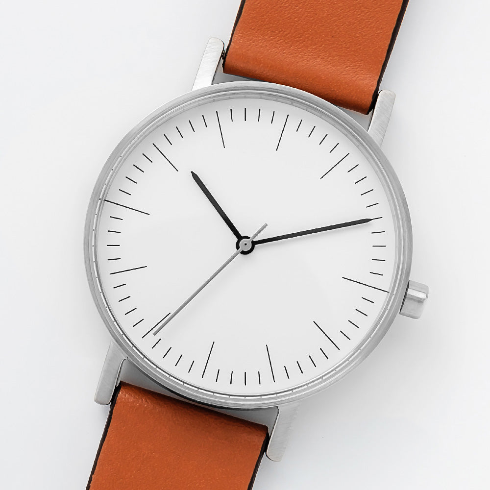 B001 Watch, Silver Case, White Dial, Leather Strap - Tan