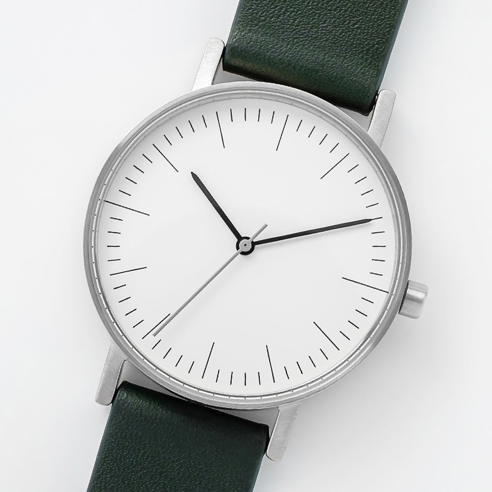 B001 Watch, Silver Case, White Dial, Leather Strap - Green