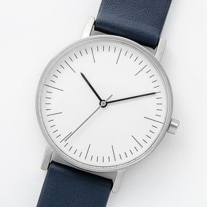 B001 Watch, Silver Case, White Dial, Leather Strap - Navy - BIJOUONE