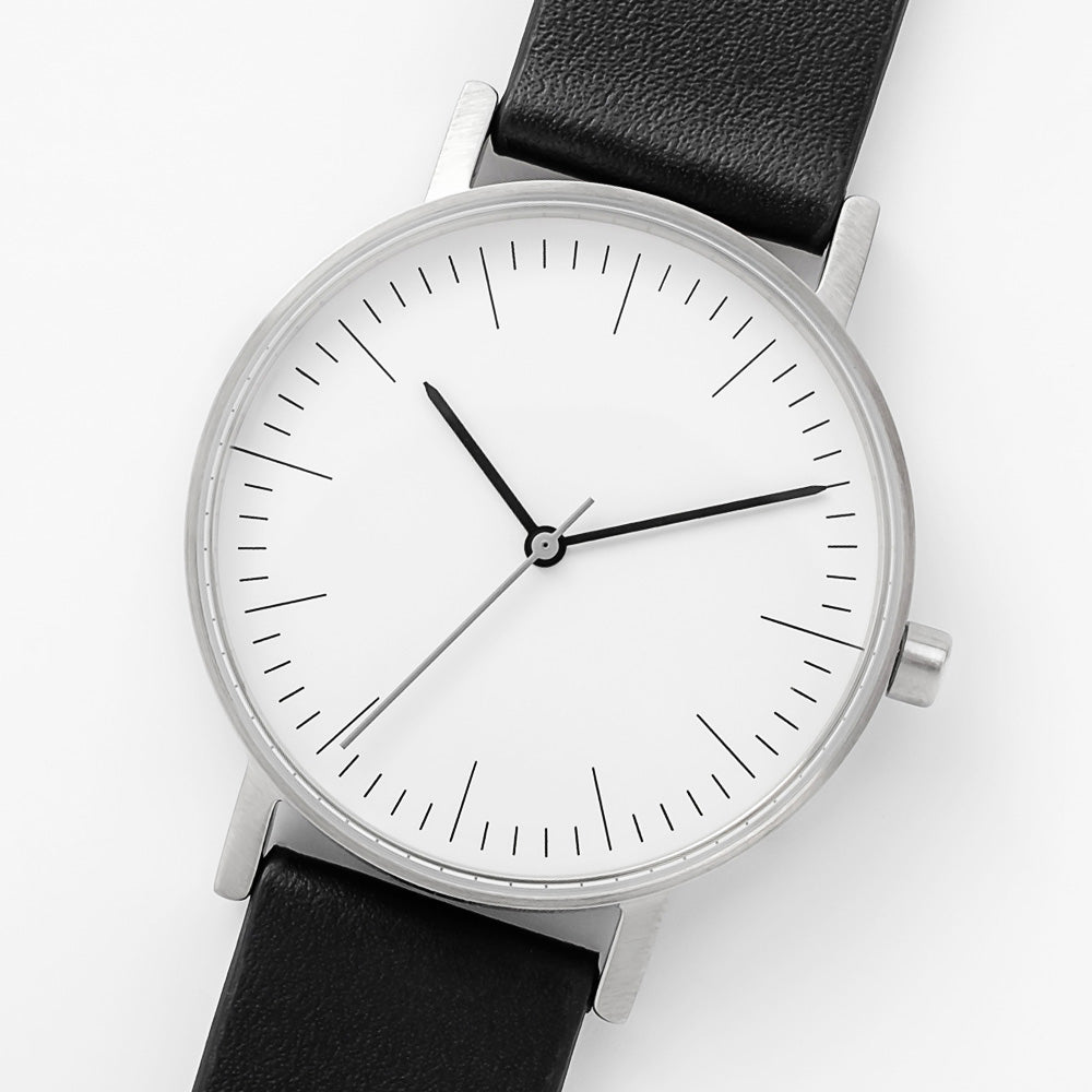 B001 Watch, Silver Case, White Dial, Leather Strap - Black