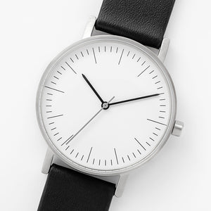 B001 Watch, Silver Case, White Dial, Leather Strap - Black - BIJOUONE