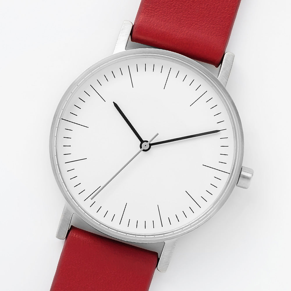 B001 Watch, Silver Case, White Dial, Leather Strap - Red
