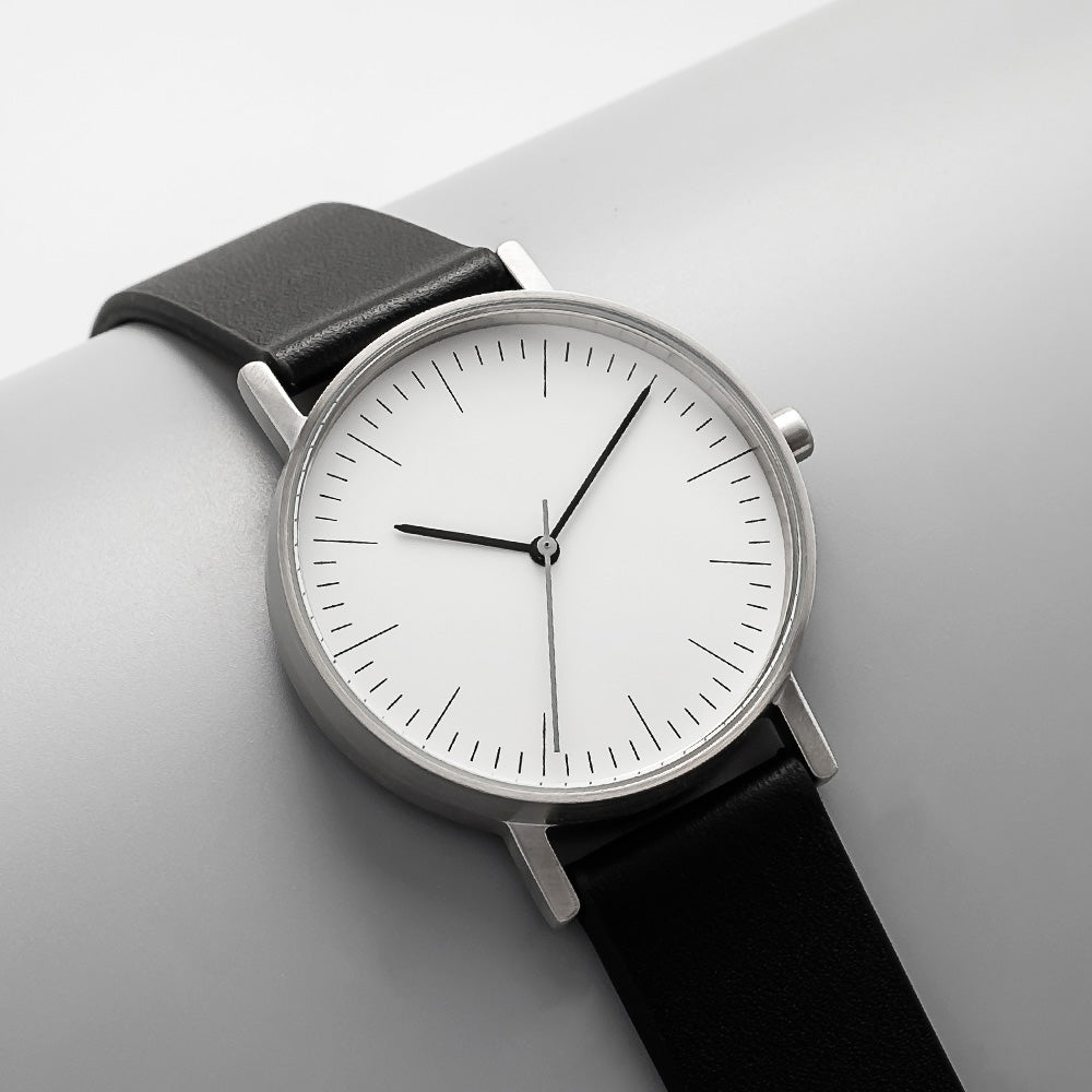 B001 Watch, Silver Case, White Dial, Leather Strap - Black - BIJOUONE