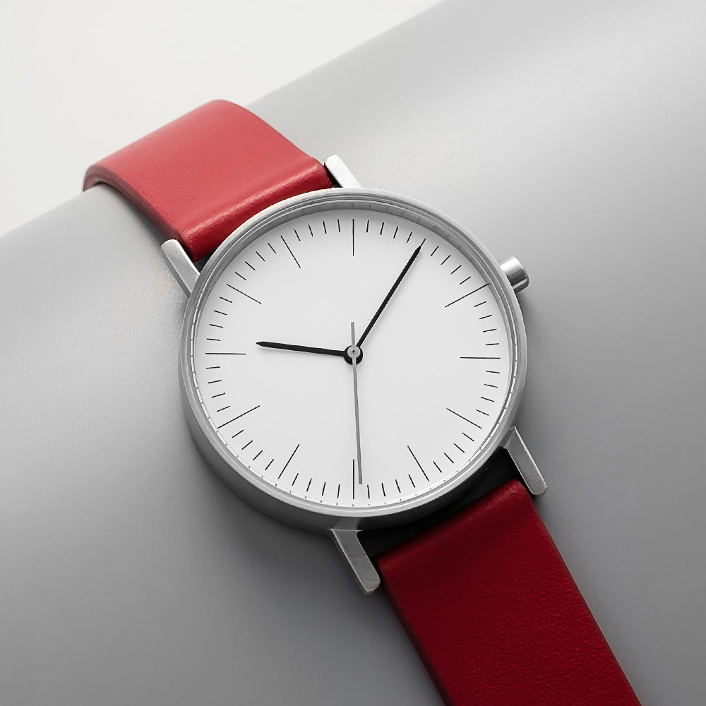 B001 Watch, Silver Case, White Dial, Leather Strap - Red
