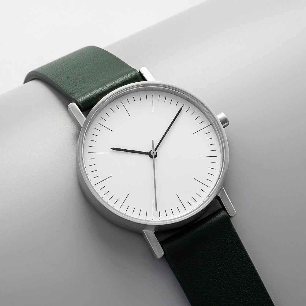 B001 Watch, Silver Case, White Dial, Leather Strap - Green