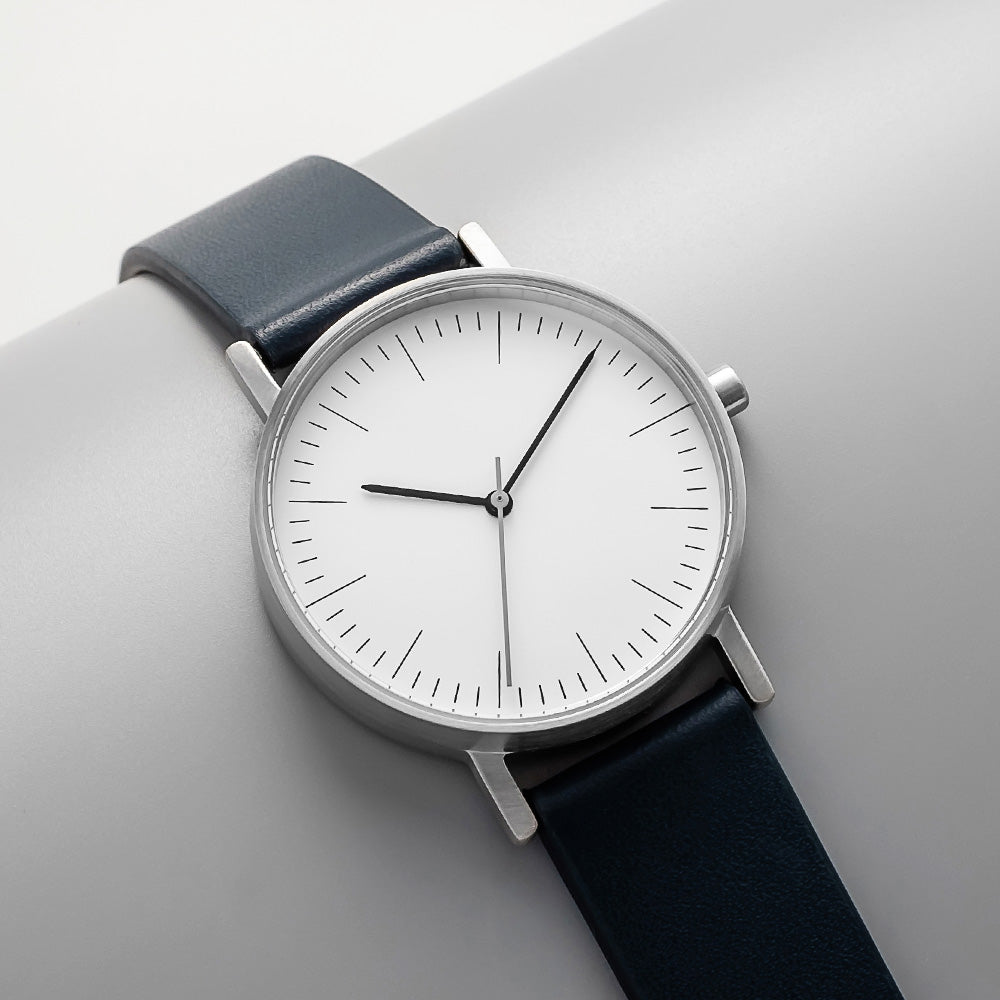 B001 Watch, Silver Case, White Dial, Leather Strap - Navy - BIJOUONE