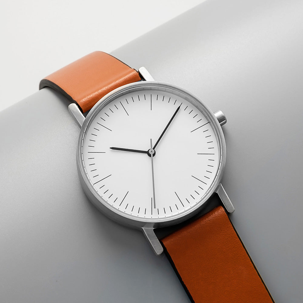 B001 Watch, Silver Case, White Dial, Leather Strap - Tan