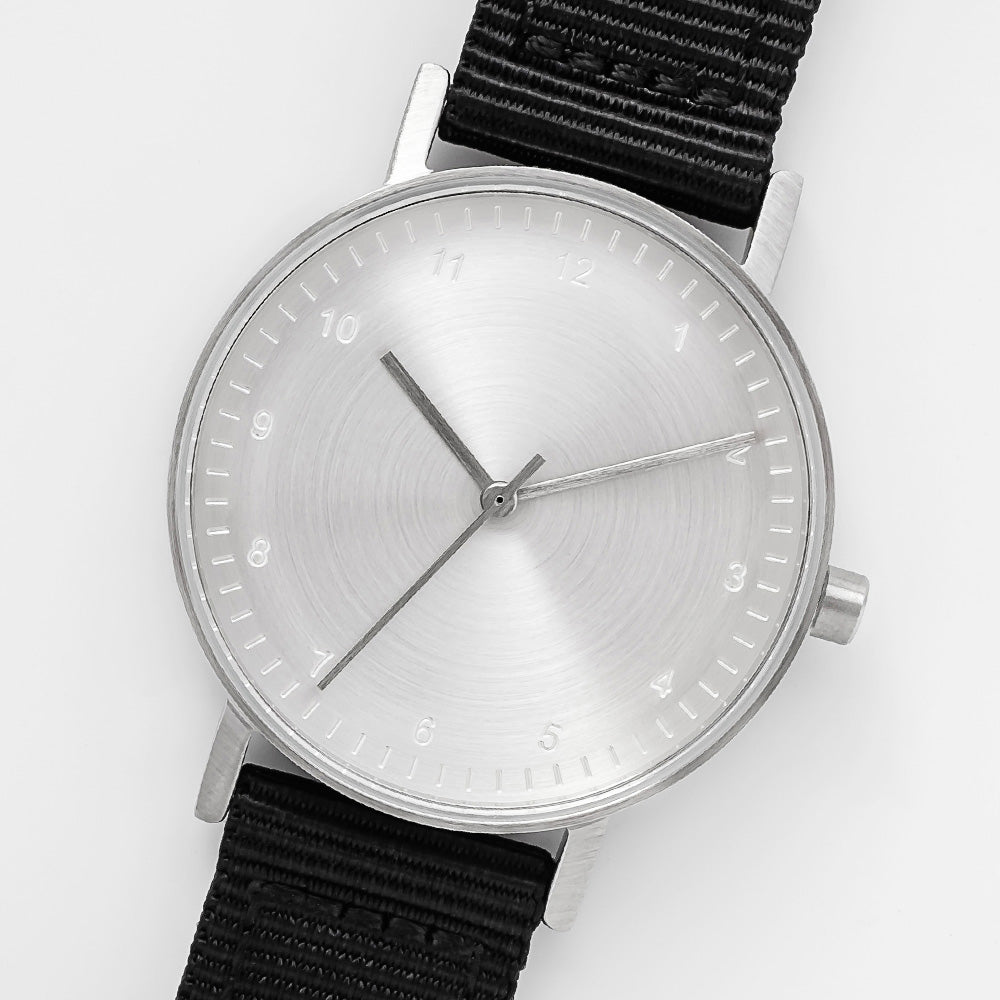 B60 Watch, Silver Case, Silver Dial, Nylon Strap - Black