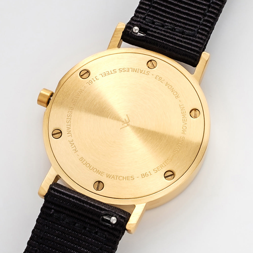 B60 Watch, Gold Case, Gold Dial, Nylon Strap - Black