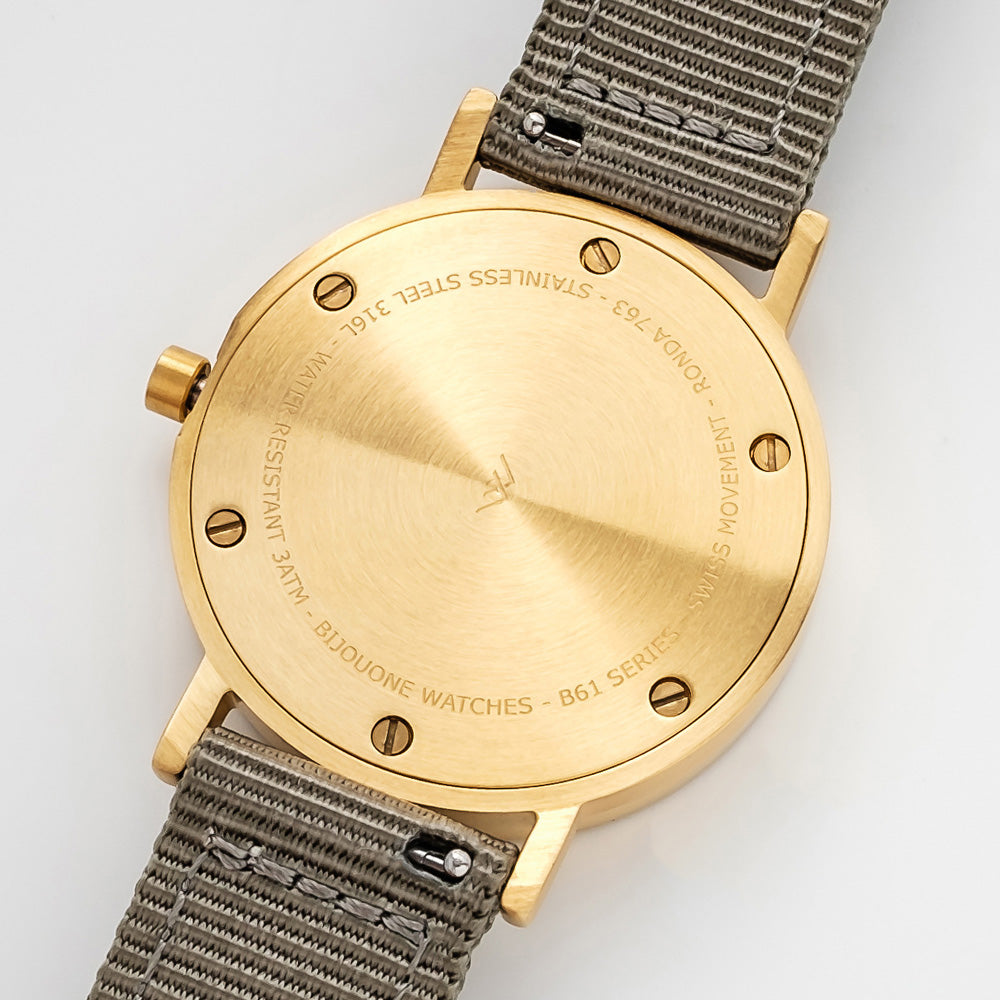 B60 Watch, Gold Case, Gold Dial, Nylon Strap - Gray