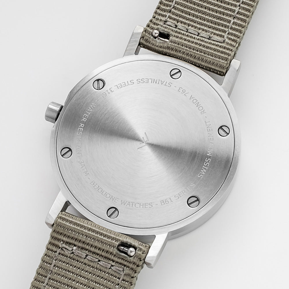 B60 Watch, Silver Case, Silver Dial, Nylon Strap - Gray