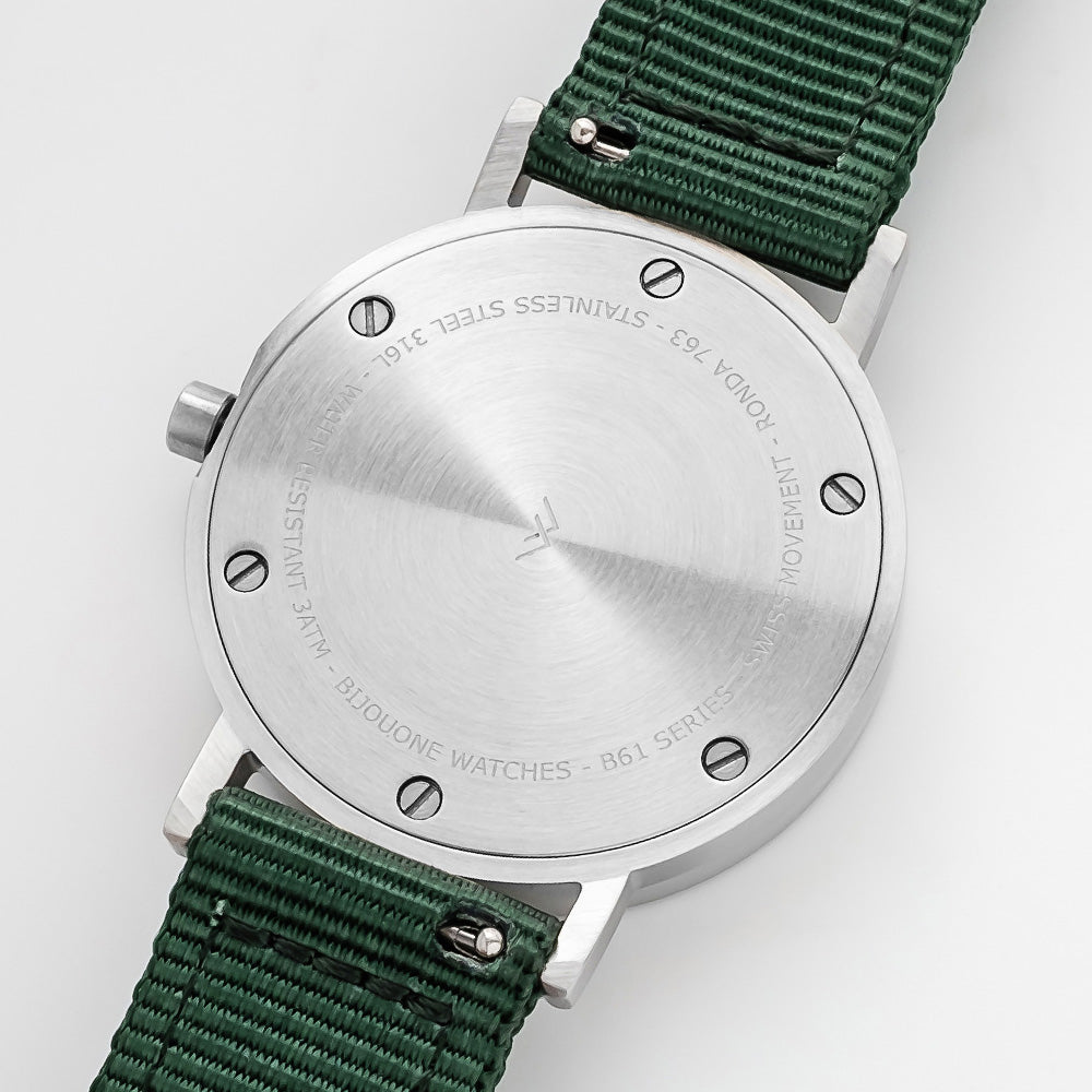 B60 Watch, Silver Case, Silver Dial, Nylon Strap - Green