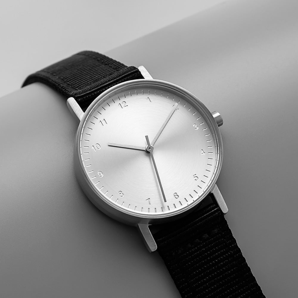 B60 Watch, Silver Case, Silver Dial, Nylon Strap - Black