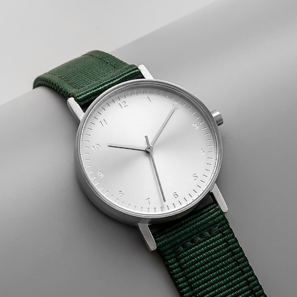 B60 Watch, Silver Case, Silver Dial, Nylon Strap - Green