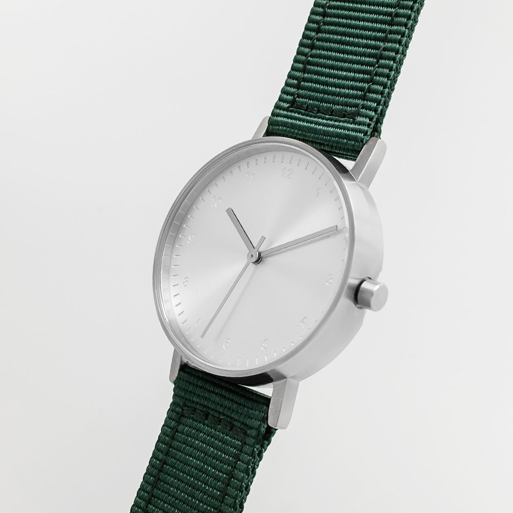 B60 Watch, Silver Case, Silver Dial, Nylon Strap - Green