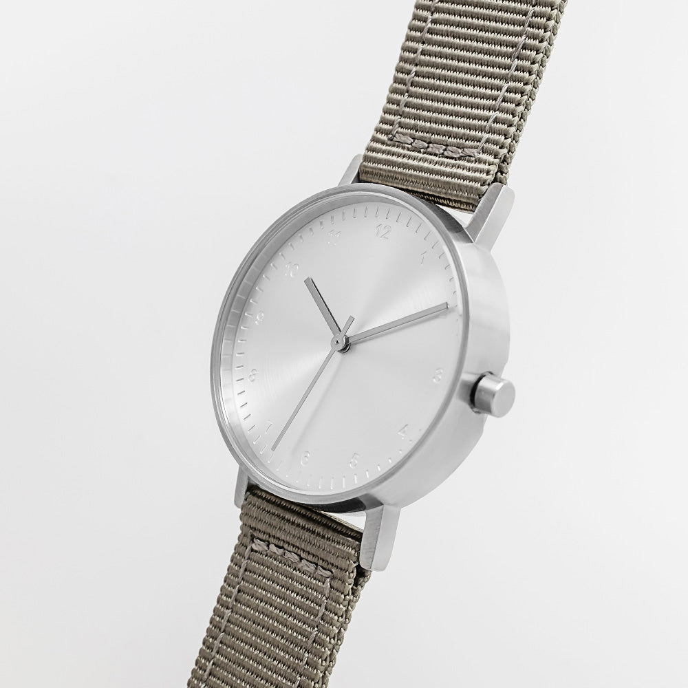 B60 Watch, Silver Case, Silver Dial, Nylon Strap - Gray