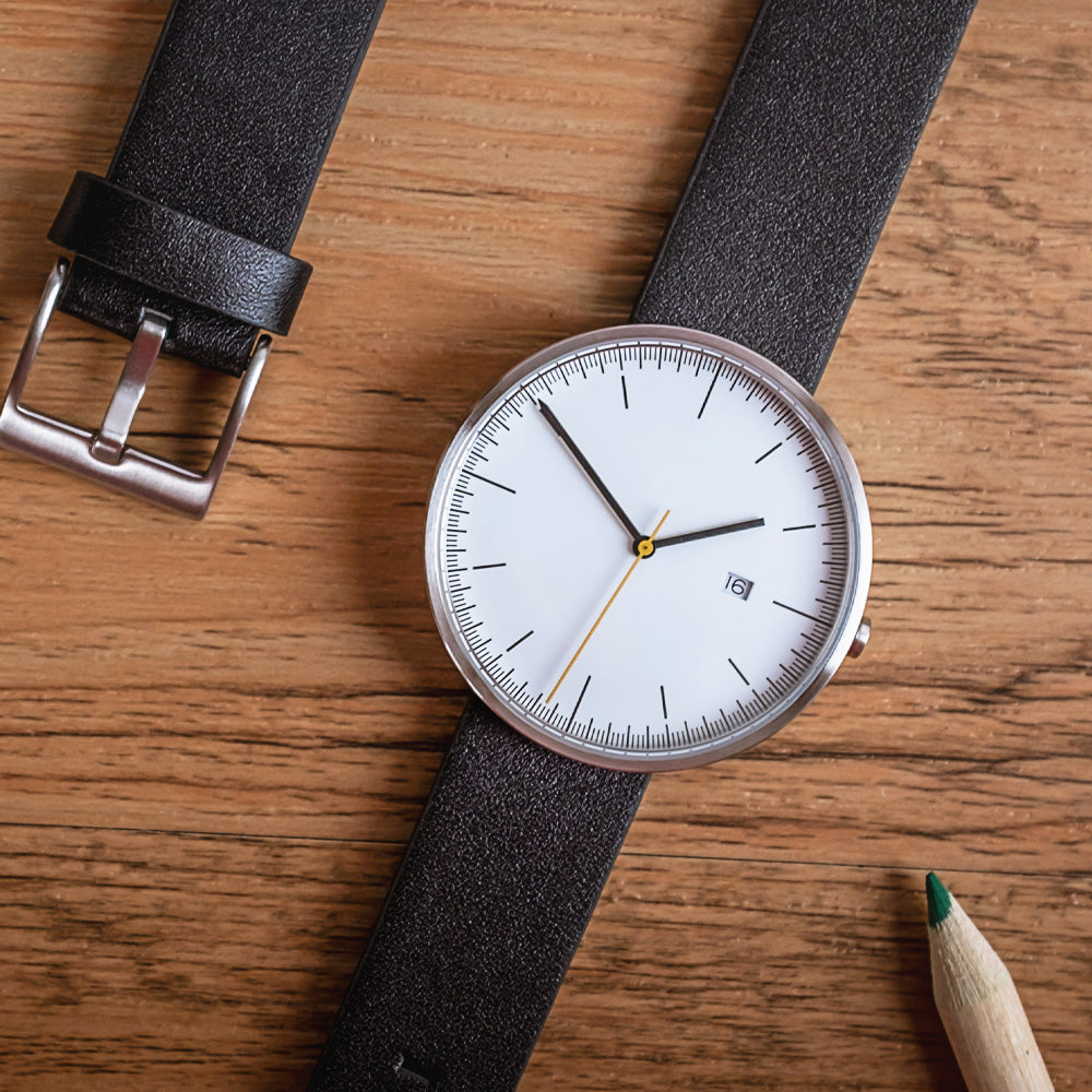 B202 Watch, Silver Case, White Dial, Calendar, Leather Strap - Black