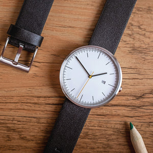 B202 Watch, Silver Case, White Dial, Calendar, Leather Strap - Black - BIJOUONE