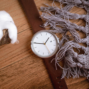 B202 Watch, Silver Case, White Dial, Calendar, Leather Strap - Brown - BIJOUONE