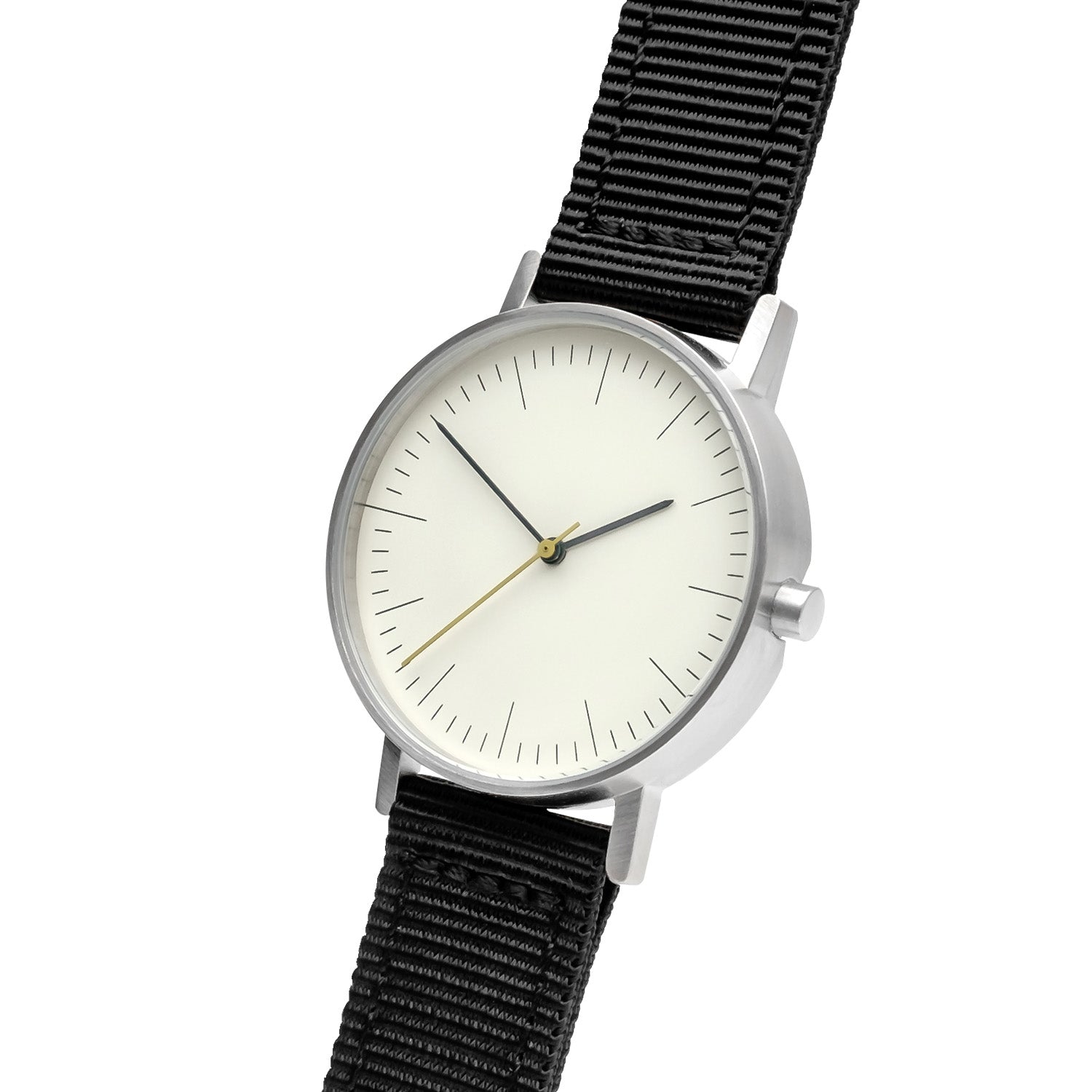 B001 Watch, Silver Case, Off White Dial, Nylon Strap - Black - BIJOUONE