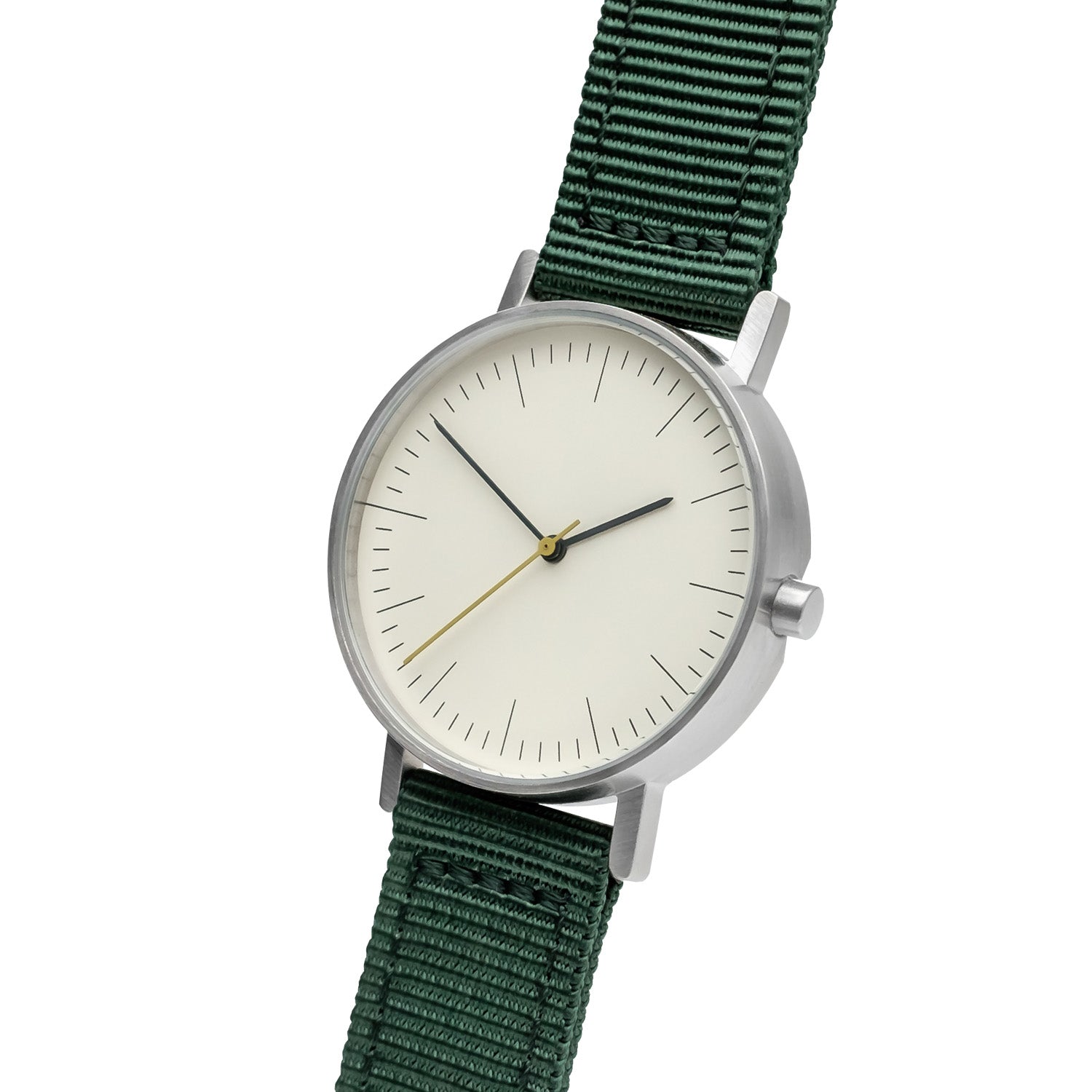 B001 Watch, Silver Case, Off White Dial, Nylon Strap - Green - BIJOUONE