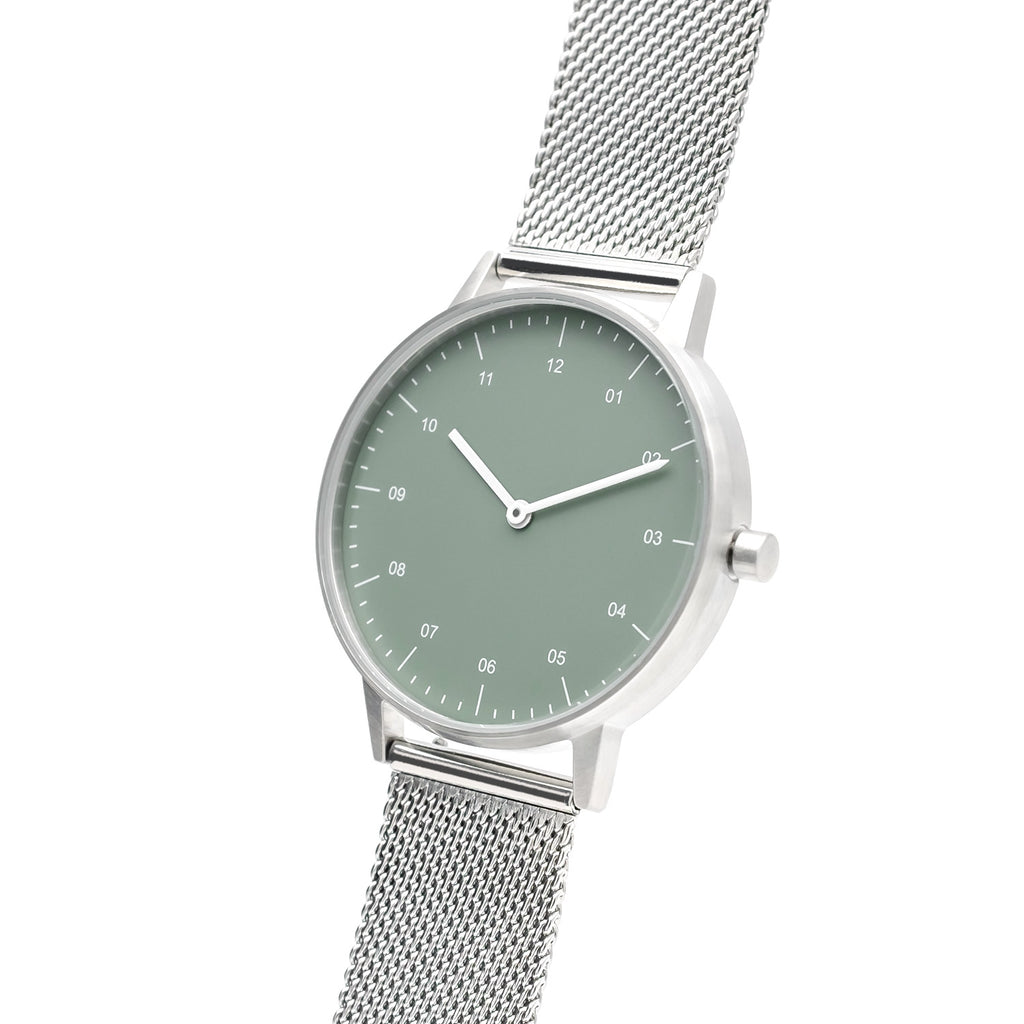 B40 Silver Watch On Mesh Strap, Green - BIJOUONE
