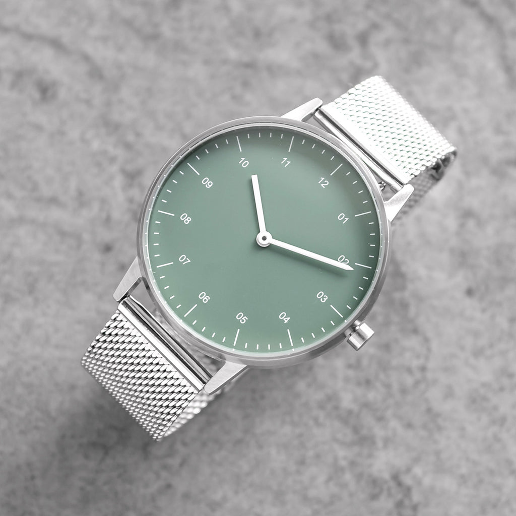B40 Watch, Silver Case, Green Dial, Stainless Steel Mesh Strap