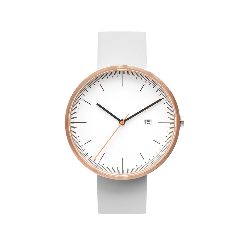 B202 Rose Gold Calendar Watch On Rubber Strap, Light Gray - BIJOUONE