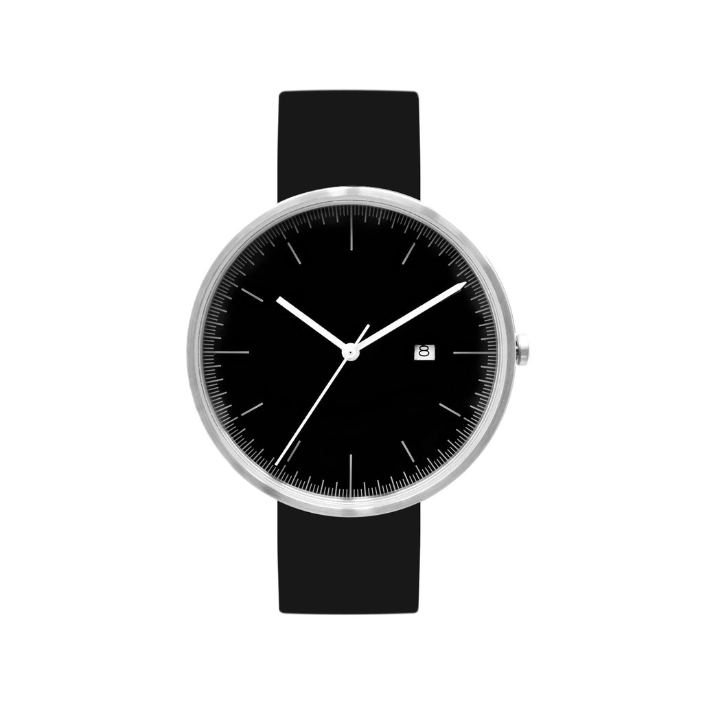 B202 Silver/Black Calendar Watch On Rubber Strap, Black - BIJOUONE